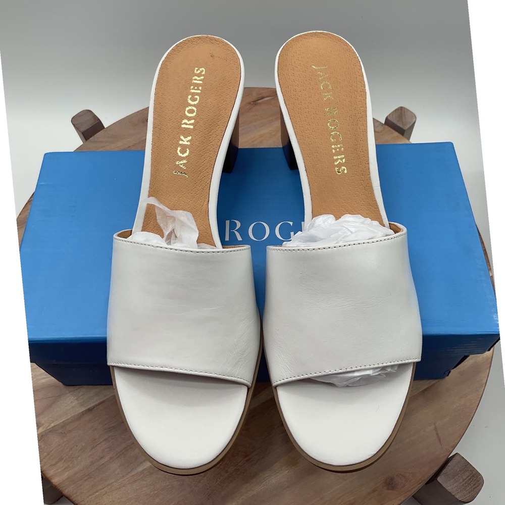 Jack Rogers Womens White Leather Block Heel Slide Sandals Size 9M Made in Brazil